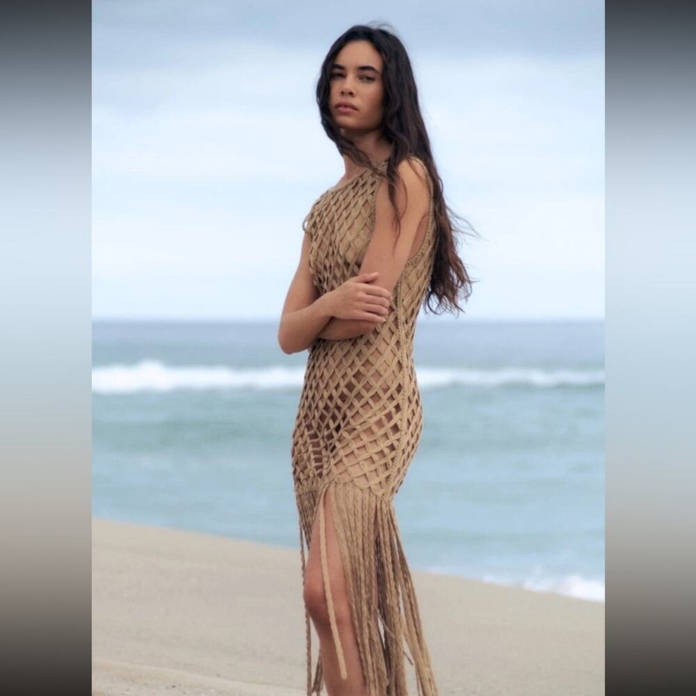 ZARA WOMEN MESH DRESS WITH FRING BEACH COVERUP Tan Crochet Small - Picture 2 of 13